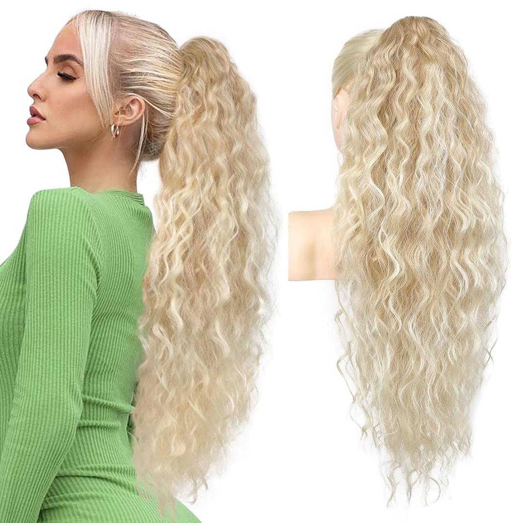 REECHO Ponytail Extension 30" Long Claw Clip Ponytail Extension Curly Wavy Pony Tails Hair Extensions Clip in Synthetic Hairpiece for Women, Dark Blonde with Light Ends, Dark Blonde with Light Ends, 30 Inch