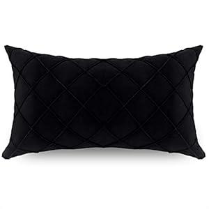 PLWORLD Black Lumbar Pillow Cover 12x20 Inch, Pleated Decorative Small Throw Pillow Case Soft Velvet Textured Cushion Case for Couch Bedroom, 1PC