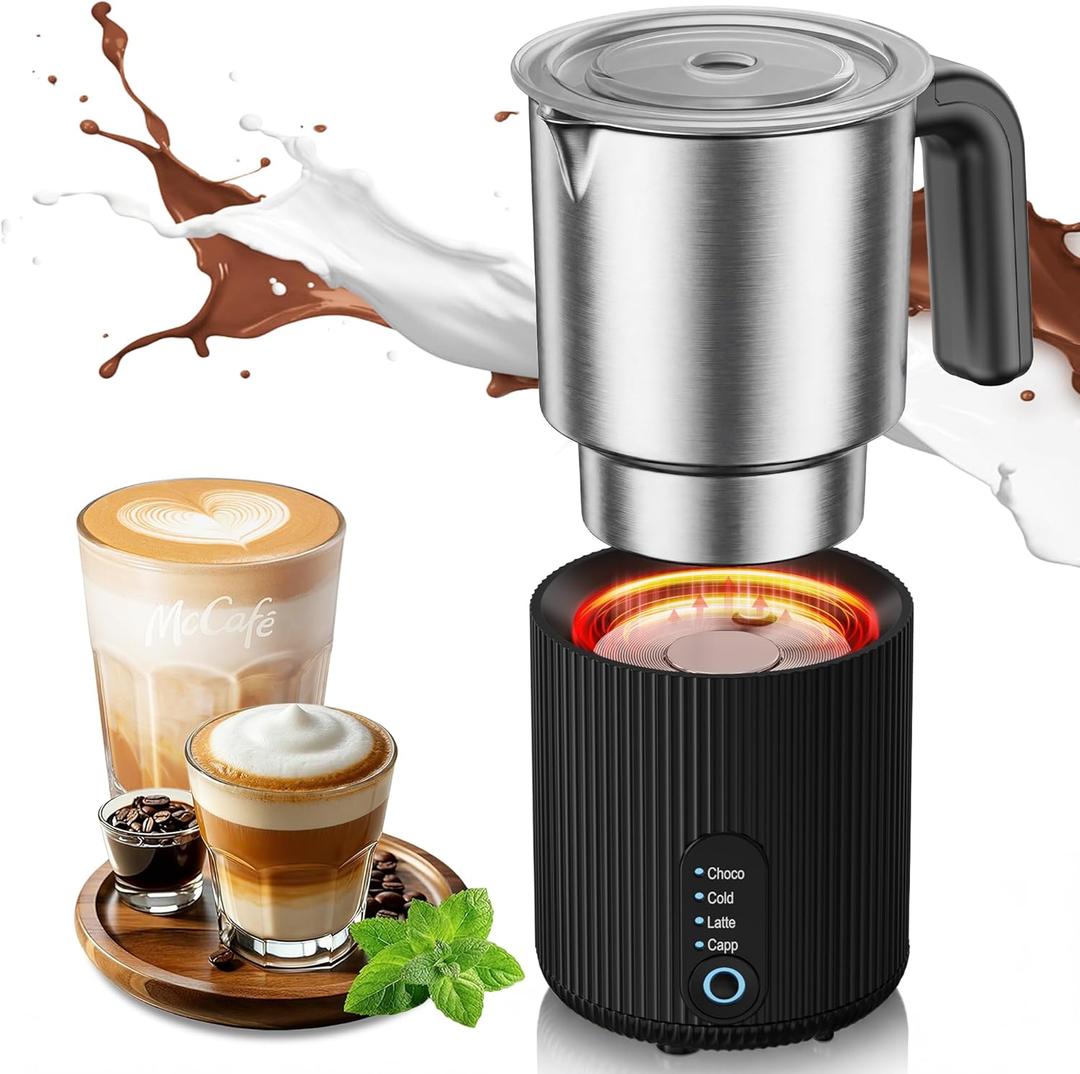Electric Milk Frother and Steamer, 4-in-1 Instant Milk Steamer for Coffee, Latte, Cappuccino, Hot Chocolate, Automatic Hot & Cold Milk Foamer, Stainless Steel Detachable Cup, Quiet, Dishwasher Safe