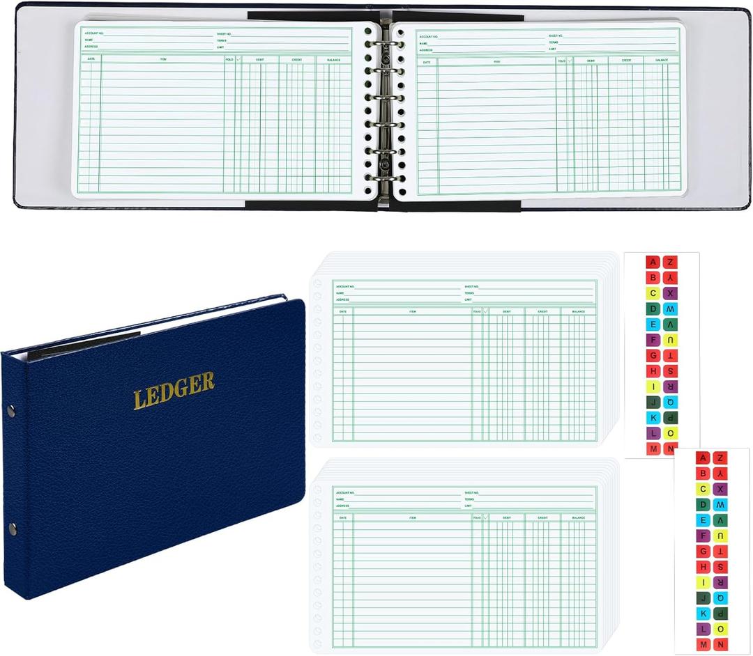 Skyygemm Ring Ledger Binder with 200 Pcs 5"x8.5" Ledger Sheets Small Index Tabs for Bookkeeping Accounting Business with Debit Credit Balance Columns(Blue Cover, White Sheets)