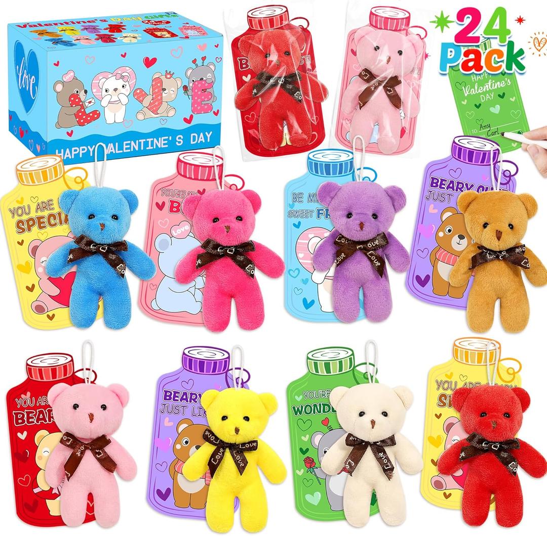 MUKOSEL 24 Pcs Valentines Day Gifts for Kids Classroom with Valentines Cards Mini Bears Plush Toys, Bulk Girls Boys Kids Valentines Day Gifts for School Class Party Favors Exchange Prize