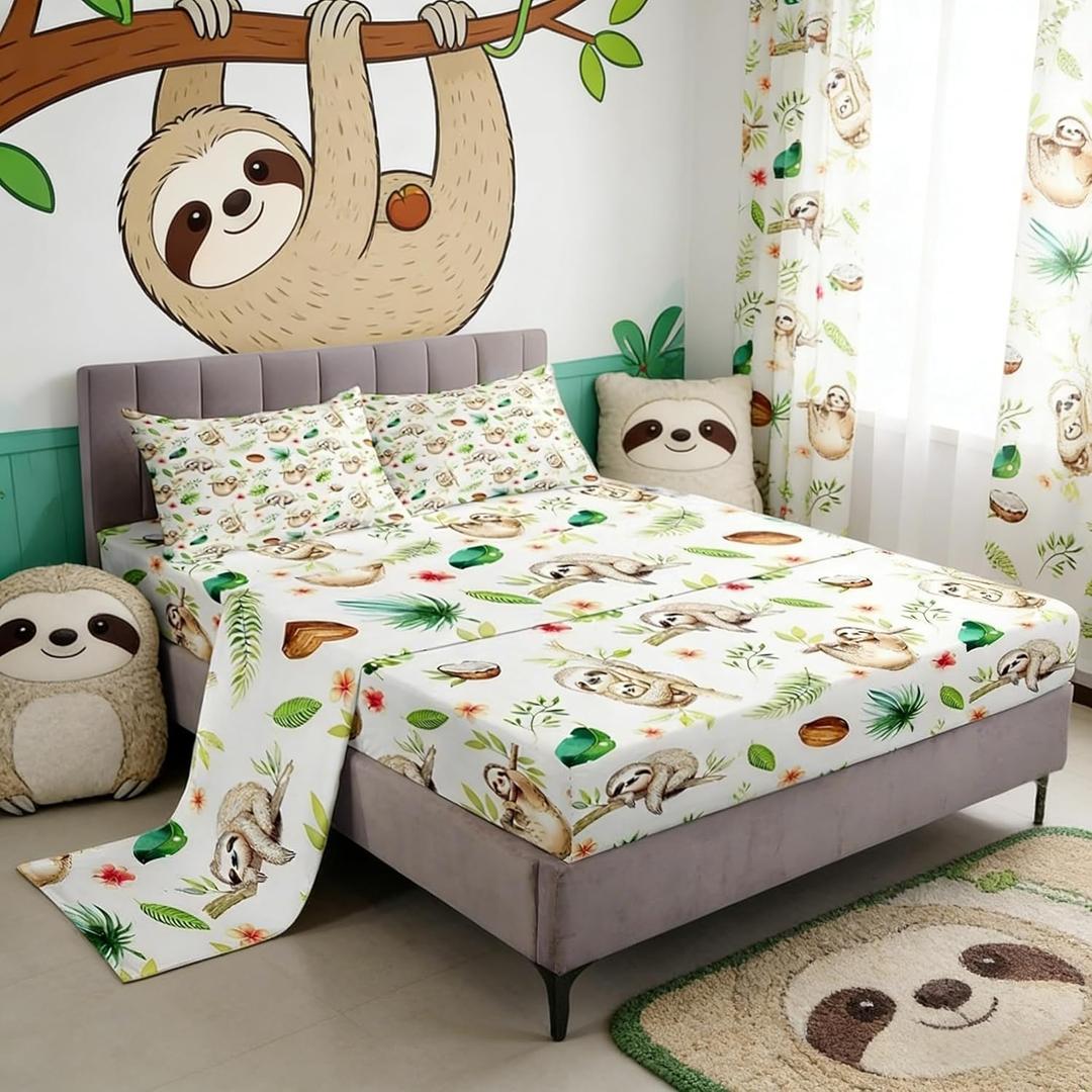 Sloth Sheet Set Queen Size Cartoon Animal Bedding Set 4pcs Deep Pocket Bed Sheets with Animal Fitted Sheet, Sloth Flat Sheet and 2 Pillow Cases Tree Leaf Bed Sheet Set