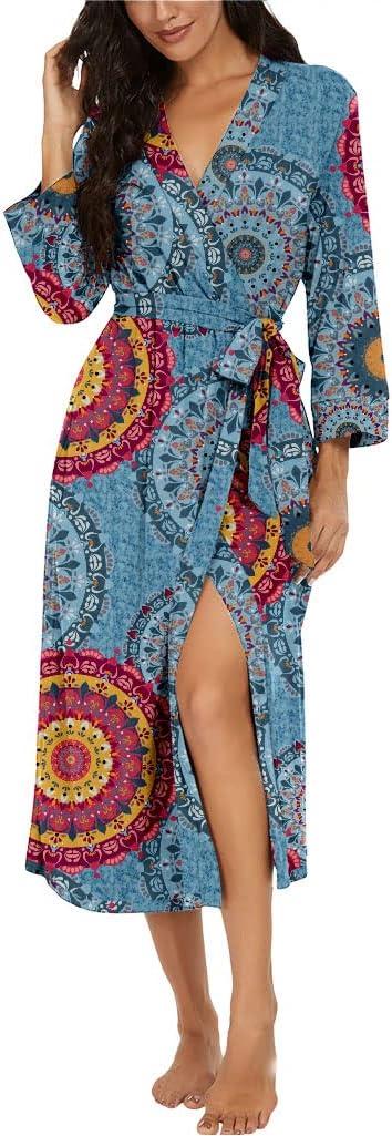 VINTATRE Women Kimono Robes Long Knit Bathrobe Lightweight Soft Knit Sleepwear V-neck Casual Ladies Loungewear (Blue, L)