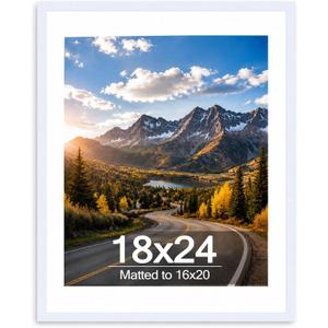 Wood 18x24 Picture Frame with 16x20 Mat White, Display 16x20 with Mat or 18x24 Without Mat, Wood 18 by 24 Photo Frame, 18 x 24 Frame for Wall Hanging Display, White