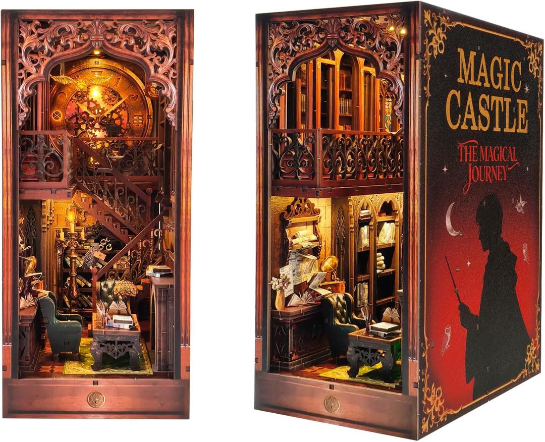 OZJAY Book Nook Kit, 3D Wooden Puzzle for Adults, DIY Miniature House Kit for Bookshelf, 250+ Pieces, Craft Kits for Family Friends Birthday Christmas, Magic Castle Bookstore with LED Lights
