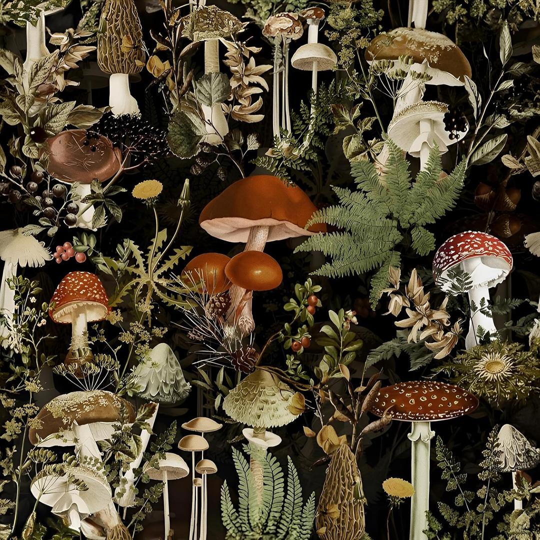 Jeweluck Floral Peel and Stick Wallpaper - Mushroom Contact Paper 17.7 in x 48.4 ft - Removable Forest Flower Design for Bathroom - Black Decorative Vinyl