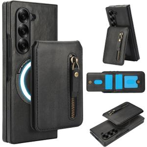 for Samsung Galaxy Z Fold7 Magnetic Detachable Wallet Case with Card Slots, Compatible with magsafa - 2-in-1 Zipper PU Leather Flip Kickstand Cover for Samsung Galaxy Z Fold 7 ZFT-Retro Black