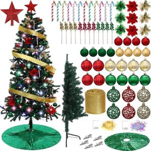 70 PCS 7 FT Half Christmas Tree with Lights and Ornaments for Wall Corner Artificial Half Xmas Tree with 200 LED Lights 500 Branches Balls Skirt Berry Stems for Holiday Decoration(Green Color)
