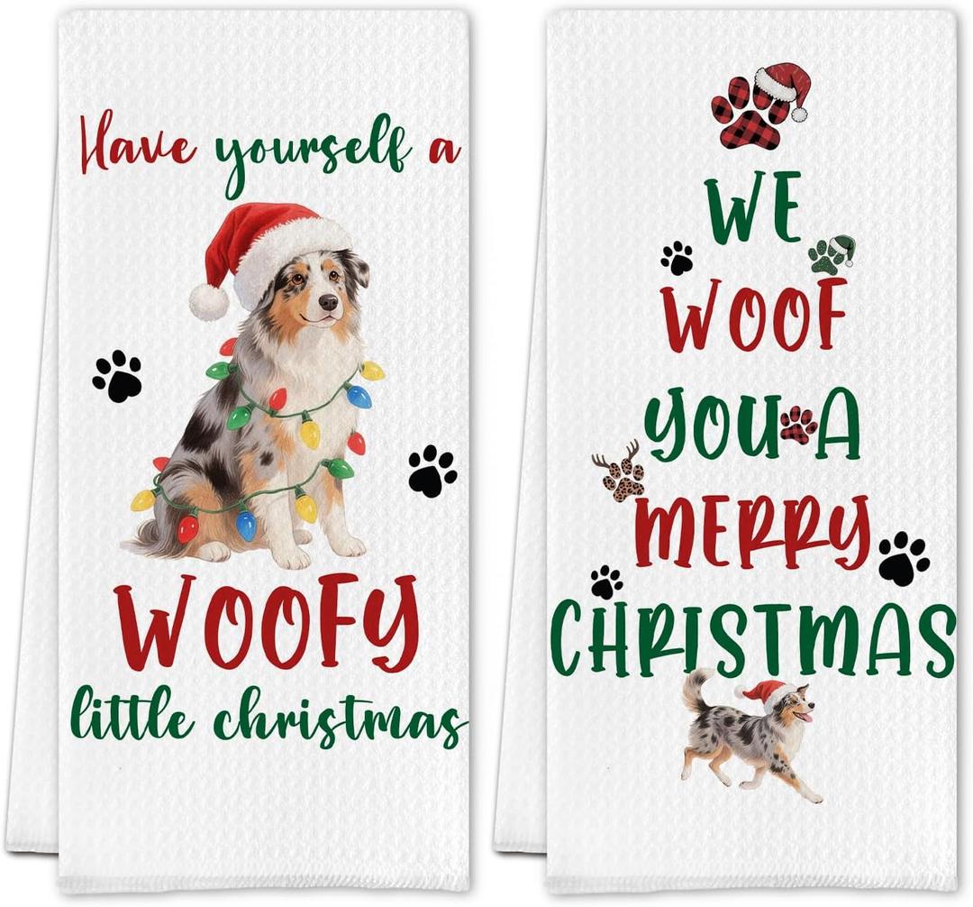 Merry Christmas Australian Shepherd Kitchen Towels, Australian Shepherd Gifts Dish Tea Towels, Aussie Dog Lover Gifts Decorative Hand Towel for Kitchen Bathroom, 16x24 Inch Set of 2