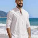 Mens Linen Henley Shirts Casual Long Sleeve Hippie Yoga Tops Lightweight Summer Beach T-Shirt (White, XXL)