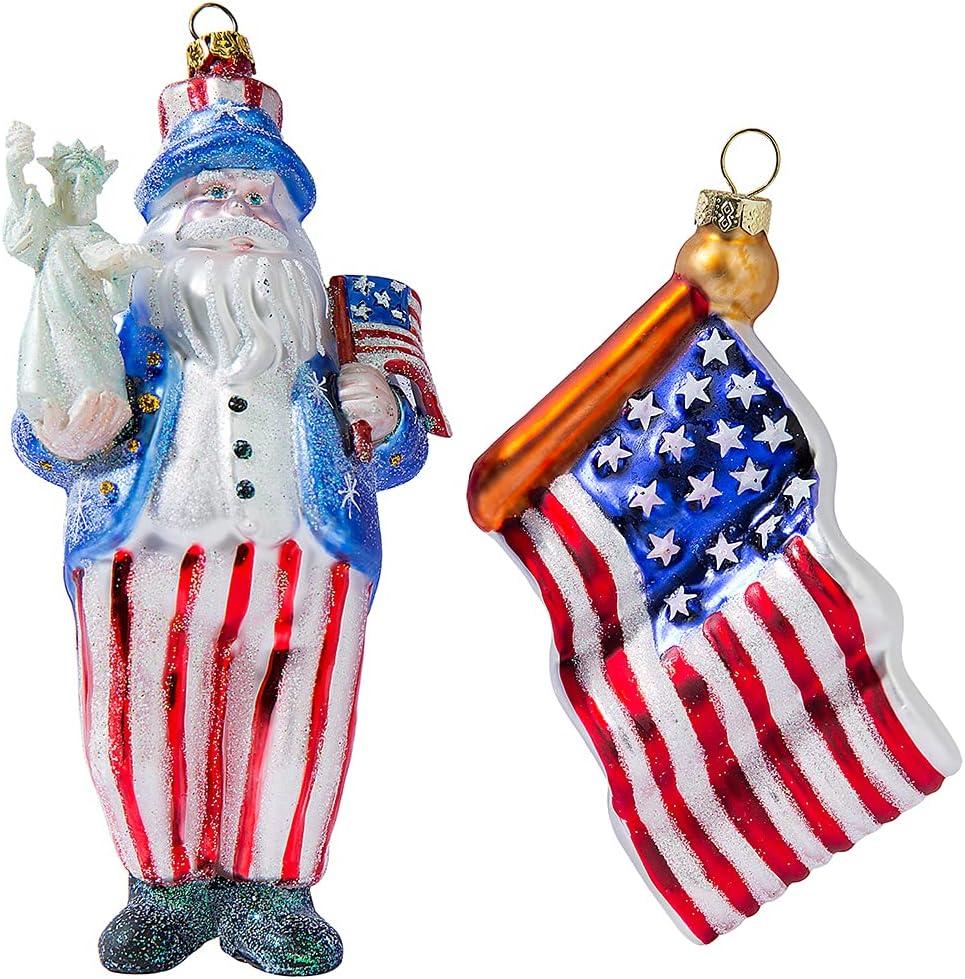 Blown Glass American Flag Ornament and Patriotic Santa Christmas Ornaments for Christmas Tree
