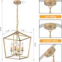 Industrial 4 Lights Chandelier, Gold Lantern Ceiling Light Fixtures with Rustic Metal Cage Adjustable Height Farmhouse Geometric Hanging Light for Kitchen Island, Dining Room, Entryway, UL Listed