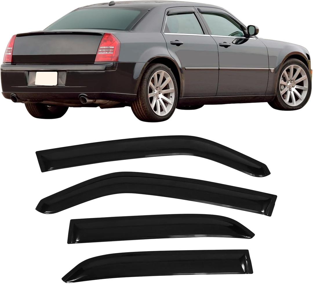 IKON MOTORSPORTS, Tape on External Window Visors Compatible with 2005-2010 Chrysler 300, 2005-2008 Dodge Magnum, Slim Style Acrylic Smoke Tinted 4PCS Sun Rain Shade Guard Wind Vent Air Deflector