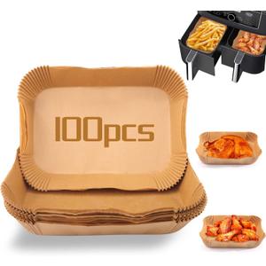100Pcs Air fryer Baking Paper Rectangular - Airfryer Baking Liners for Ninja Foodi DualZone 2-Basket Airfryers DZ201, DZ401, FG551 Foodi Smart XL 6-in-1 Indoor Grill
