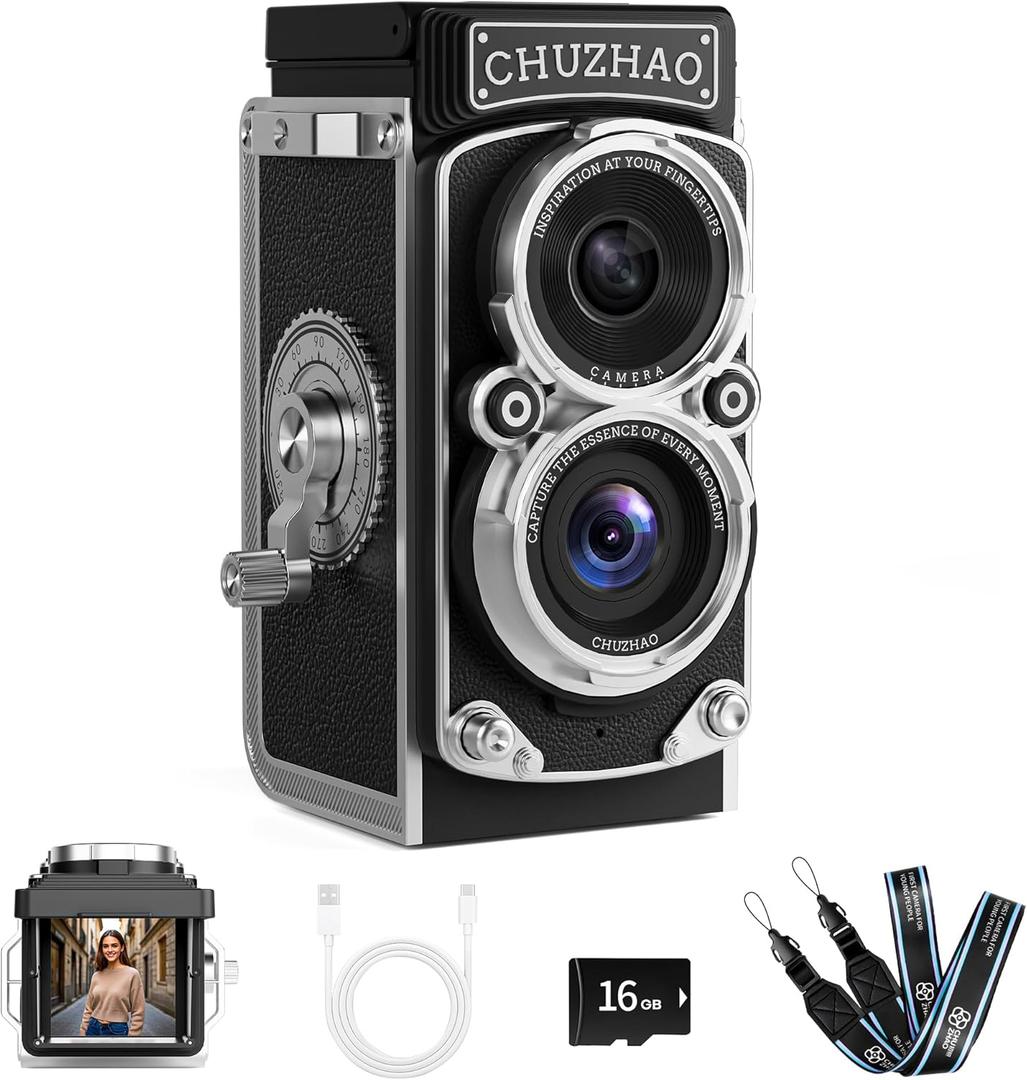 CHUZHAO Mini Retro Digital Camera - Vintage TLR Style Point and Shoot Auto Focus Vlogging Camera, Compact & Portable, 16GB Card Included, Ideal for Beginners, Teens, and Adults (Black)
