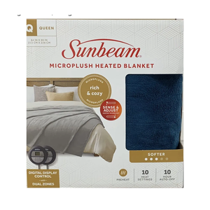 Sunbeam Microplush Queen Electric Heated Blanket with Preheat Feature Two Digital Controller 10-Heat Settings Auto Shut-Off , UL Certified for Safety, Legion Blue, King