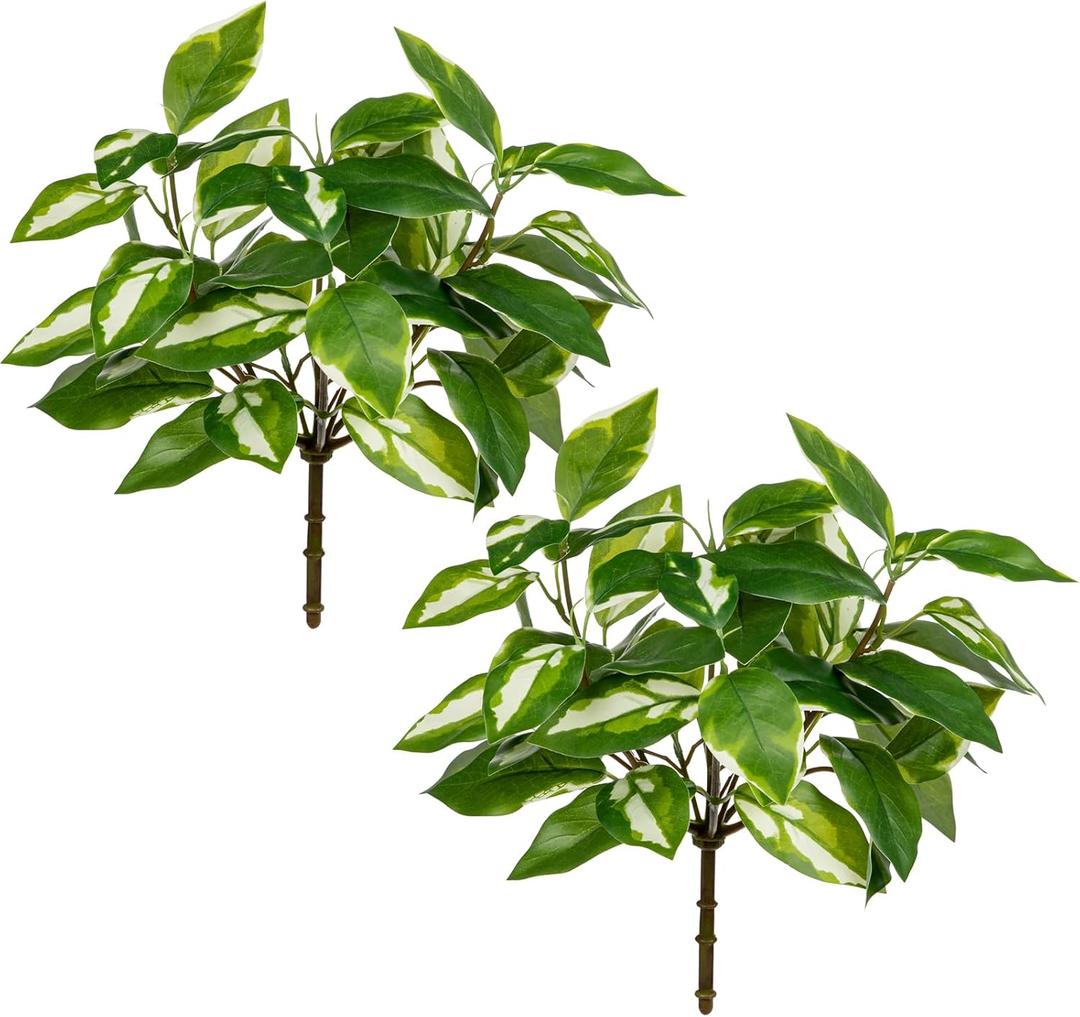 Oairse 2 Bundles Artificial Greenery Stems Faux Pothos Stems and Branches for Vase Fake Shrubs Bush Spring Greenery Picks for Centerpiece for Farmhouse Home Garden Patio Backyard Indoor Outdoor Decor (Short, White)