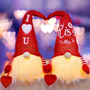 Juegoal 2 Pack Lighted Valentines Gnomes Decorations, 14.5 Inch Handmade Scandinavian Swedish Tomte, Light Up Elf Toy Holiday, Battery Operated Valentine Gift Tabletop Ornament