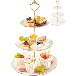 DUJUST Luxury Porcelain 3-Tier Cupcake Stand Tower, British Style Serving Tray with Golden Trim, Food Grade Dessert Display Stand, Beautiful Gift for Tea Party & Home Dcor