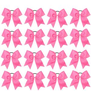 16PCS 8" Large Cheer Hair Bows Ponytail Holder Elastic Band Handmade for Cheerleading Teen Girls College Sports (Hot Pink, 1 Count (Pack of 16)