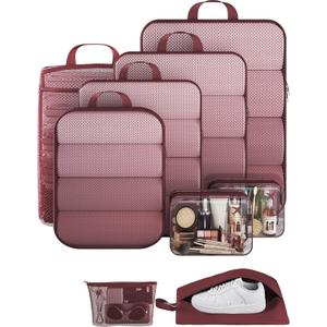 Veken 9/11 Set Compression Packing Cubes for Travel Essentials,Compressible Expandable Large Luggage Suitcase Organizer Bags for Clothing,Durable Space Saver Storage Bags with Toiletry Bags(Wine Red)