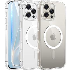 FNTCASE for iPhone 16 Pro Case: Clear Magnetic Phone Cases with Screen Protector Slim Anti Yellowing Rugged Shockproof Protective Transparent Cell Phone Cover (A-Clear)