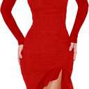 BORIFLORS Women's Sexy Ruched Bodycon Midi Dresses Elegant Mesh Long Sleeve Square Neck Ruffle Hem Cocktail Party Dress (Medium, Red)