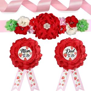 Strawberry Baby Shower Decorations,Mom to Be Sash Dad to Be Corsage Set, Mommy to be Sash Gift for Strawberry Shortcake Baby Shower Decorations (Red)