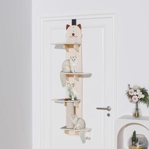 Door Hanging Cat Shelf, 67 Inch Over The Door Cat Tree, 4 Levels of Jumpable Platforms, with Kitten Scratching Post & Bell Ball, for Kittens Jumping & Playing, Multi-Layer Solid Wood Board (Beige)