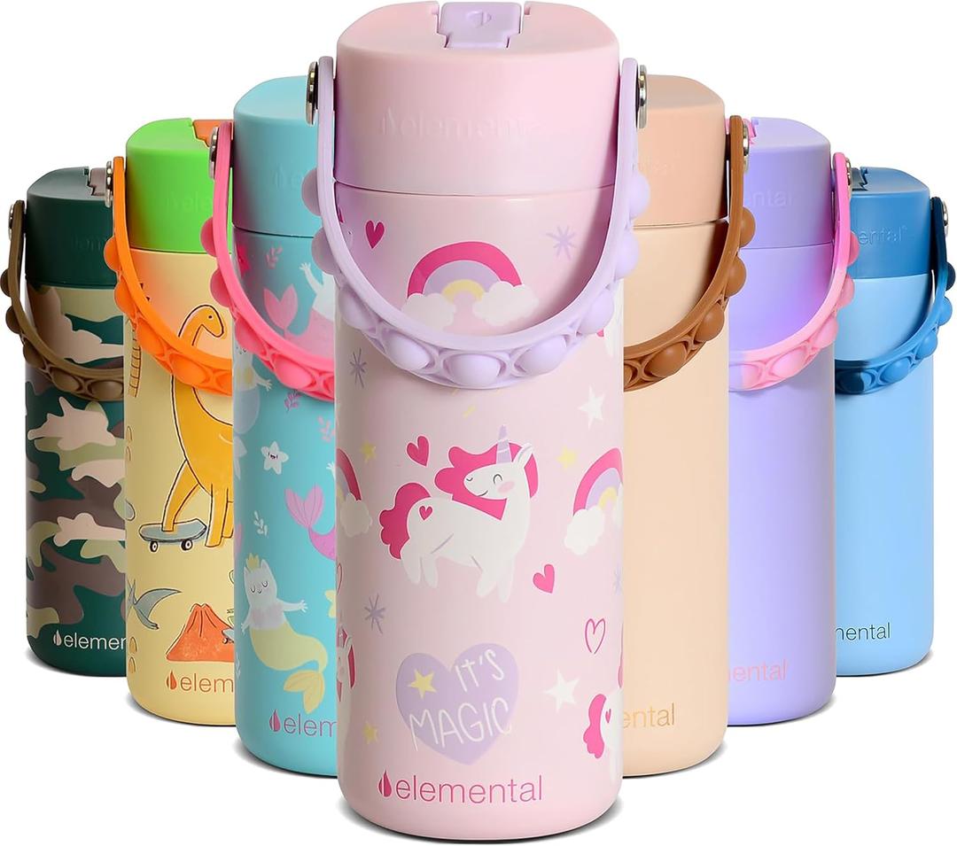 Elemental Insulated Kids Water Bottle, Stainless Steel Water Bottle with Straw Lid & Pop-It Handle, Leak-Proof Water Bottles for School, Boys or Girls, Travelling and Sports, 18oz - Unicorn Magic