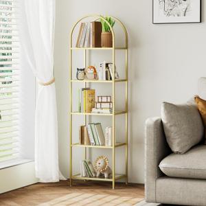 Homhedy Bookshelf Arched Display Racks,Metal Bookcase,Tempered Glass Shelves,Storage Rack Shelf for Home Office,Living Room,Bedroom, Bathroom,Modern Style (Golden, 11.8" D x 13.8" W x 57.1" H) Homhedy Bookshelf Arched Display Racks,Metal Bookcase,Tempered Glass Shelves,Storage Rack Shelf for Home Office,Living Room,Bedroom, Bathroom,Modern Style (Golden, 11.8" D x 13.8" W x 57.1" H)