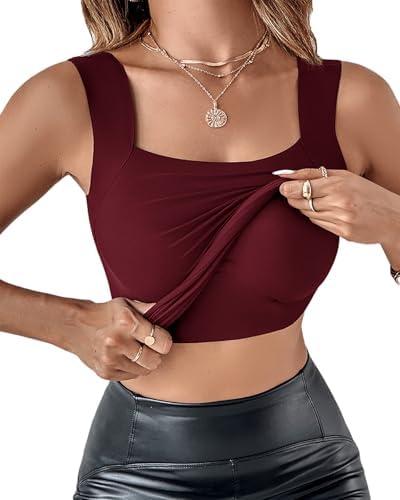 CHICME Womens U Neck Shapewear Built-in Bra Tank High Strechy Sleeveless Slim Fit Tops Camisole Workout Tops XL