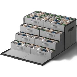 SONGMICS Large Christmas Ornament Storage Box, with Side Open, Stackable Christmas Storage Container with Lid, 8 Drawer Trays, 600D Oxford, 3-Inch 128 Slots, Dove Gray URFB038G01