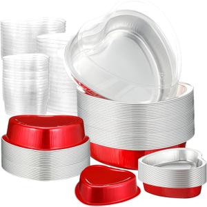 Meanplan 30 Pack Heart Shaped Cake Pans 9 oz, 3.4 and 1.86 oz Aluminum Heart Shaped Foil Pan Disposable Valentine Cake Baking Mold with Lids Galentine's Day Cupcake Dessert Boxes for Valentine Parties
