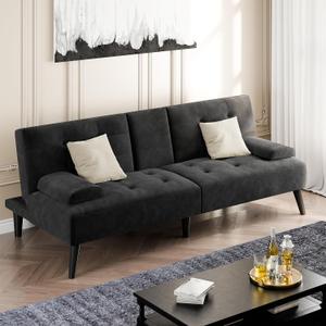 Shintenchi Futon Sofa Bed, Velvet Foldable Couch Reclining Sleeper w/Removable Armrests, Upholstered Loveseat w/Folding Cup Holders for Home, Office, Black, 64 inches x 17.7 inches x 24.8 inches
