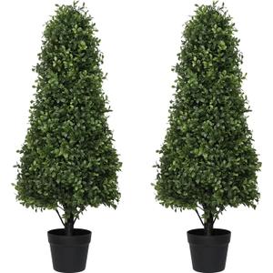 3ft Artificial Boxwood Topiary Trees (Set of 2) - UV Resistant Faux Plants Outdoor, Realistic 36" Fake Cone Bushes and Shrubs for Front Porch, Planter, Patio - Low Maintenance & Evergreen