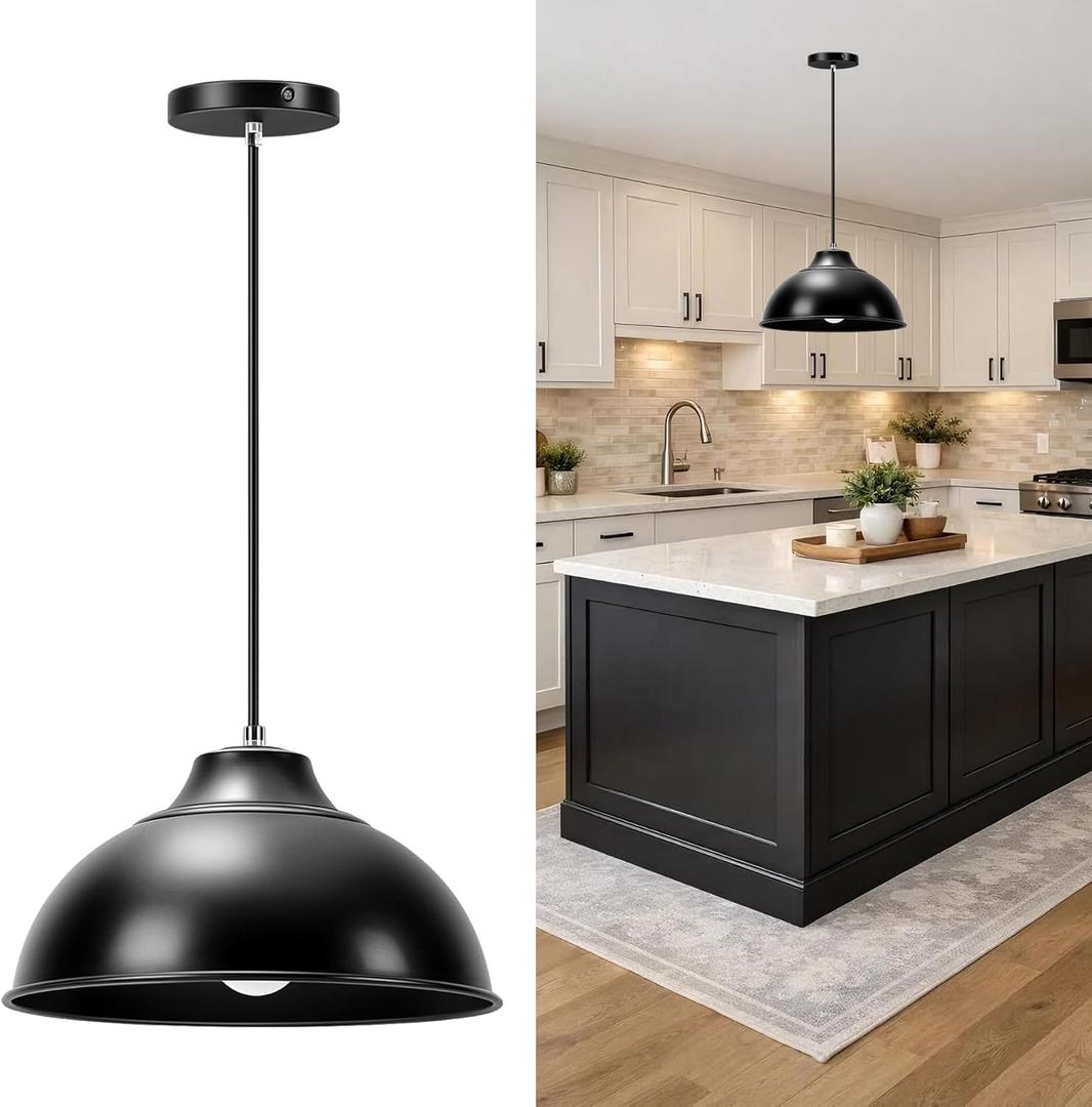 Balck Pendant Lights Kitchen Island,Metal Dome Pendant Light Fixtures,Adjustable Height Hanging Lights for Bedroom Dining Room Entryways (Black)