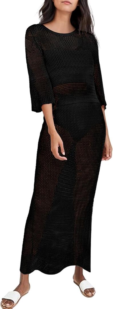 Women's Crochet Cover Ups for Bikini Swimsuit Half Sleeve Bathing Suit Rainbow Swimwear Long Beach Dresses (Small, Black)