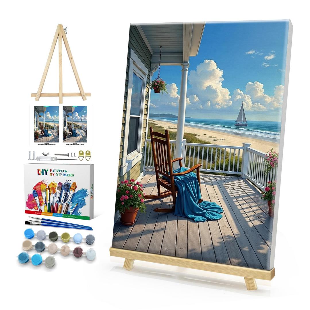 HeeBenor Framed Paint by Numbers Kit for Adults, Landscape Paint by Number with Easel, DIY Beach Oil Painting by Number, Adult Paint by Number Kits Framed Canvas for Home Wall Decor 8x12 Inch