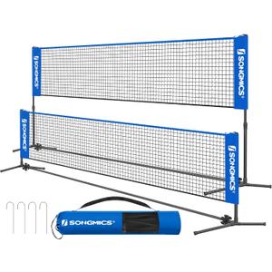 SONGMICS Badminton Net, Height Adjustable Volleyball Net, Pickleball Net for Junior Tennis, Kids, Indoor Outdoor Court, Foldable Nylon Net with Poles 10ft/13ft/16.5ft Wide (Blue)