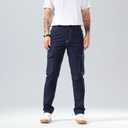 Plaid&Plain Mens Cargo Pants Slim Fit with Contrasting Topstitching and Multi-Pocket (38W x 30L, Navy Blue)