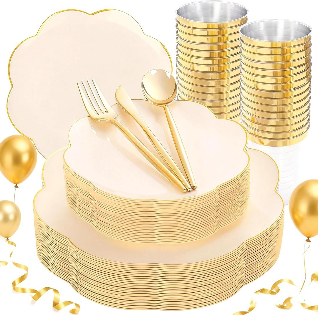 EI 180pcs Beige Plastic Plates with Gold Plastic Silverware,Heavy-Duty Disposable Plates for Party,Beige Dinnerware Set for 30 Guest Wedding,Afternoon Tea,Spring,Mother's Day,Valentine's Day,Easter