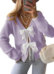 Cakulo Womens Bow Tie Sweater V Neck Cardigan Sweaters 2026 Lightweight Spring Fashion Knit Cardigans Outfits, Purple, M