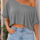 SOFIA'S CHOICE Women's Off Shoulder Crop Tops Loose Boat Neck Short Sleeve T Shirt Grey- (XXXL)