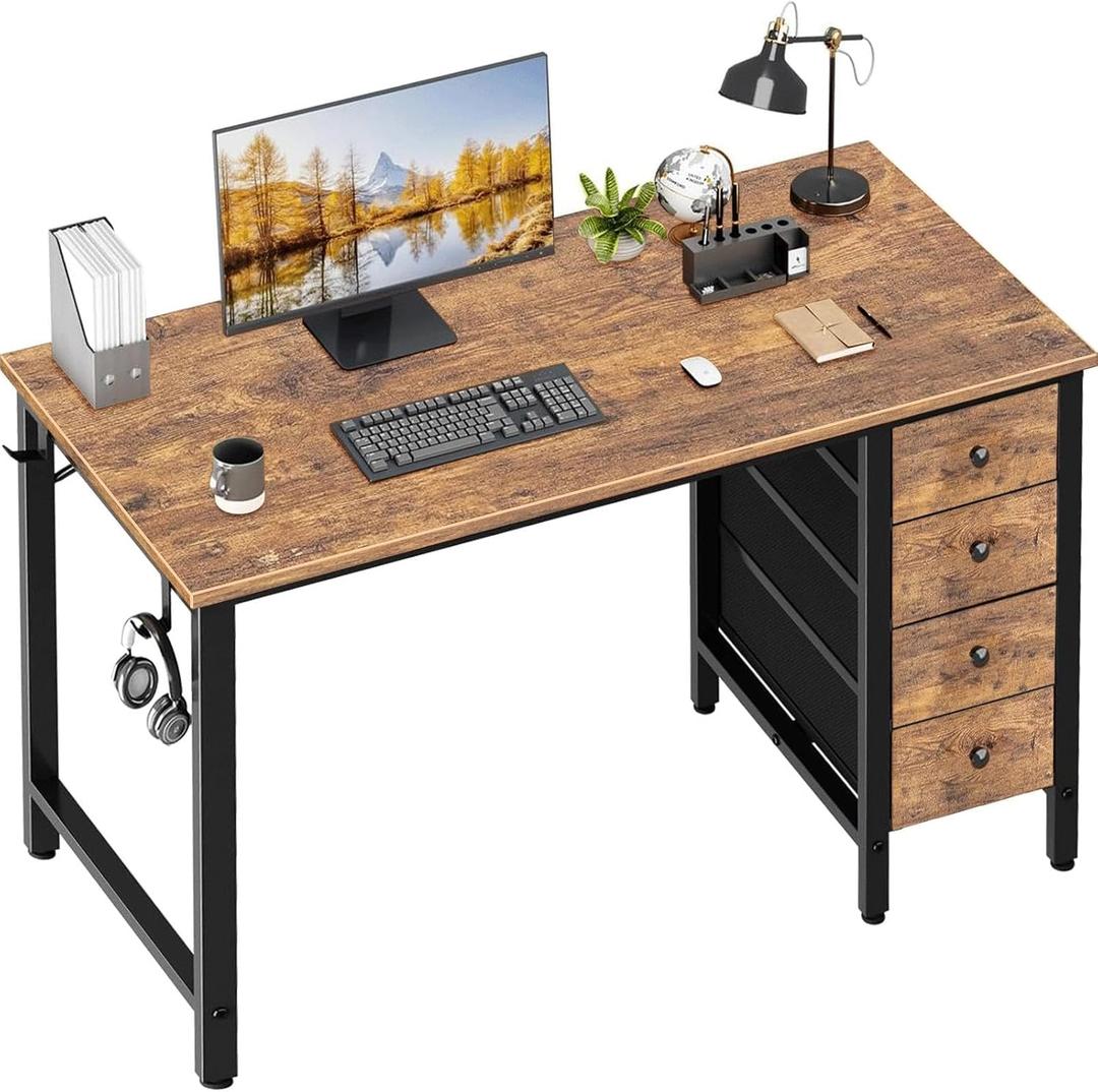 Lufeiya 40 inch Computer Desk with 4 Fabric Drawers, Kids Student Reversible Small Desks for Home Office Small Space, Work PC Desk Table for Bedroom, Rustic Brown, 39.4"