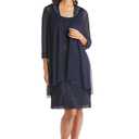R&M Richards Women's Glitter Chiffon Dress & Flyaway Jacket Set with Jewel Neckline, Evening Wear, Formal Occasions, Party Navy, Size 18