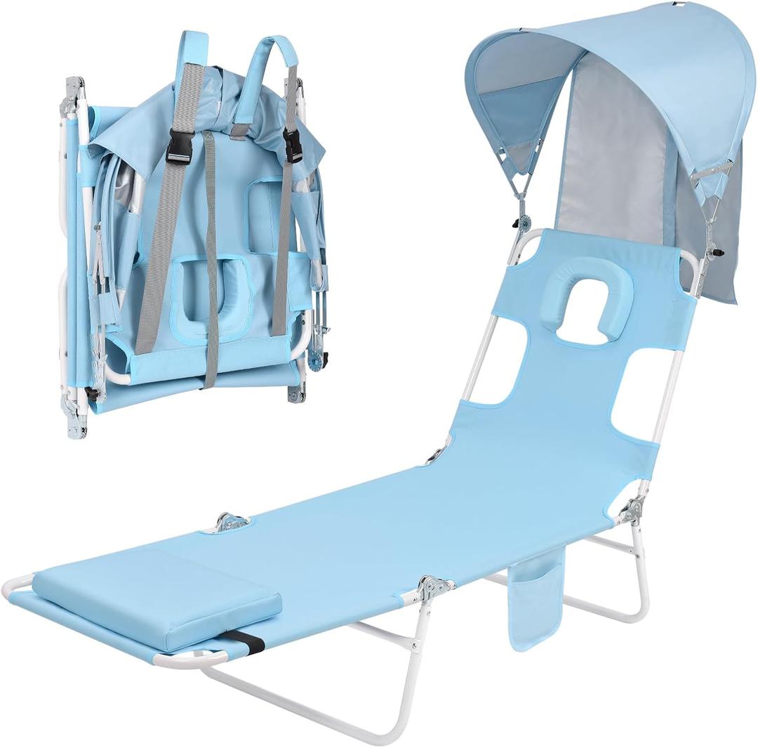 Backpack Beach Tanning Chair with Canopy and Face Hole, 6-Position Folding Lay Out Lounge Chair, UPF 50+ Wind-Resistant Sun Shade, Portable Recliner for Sunbathing, Outside, Poolside, Lawn, Patented