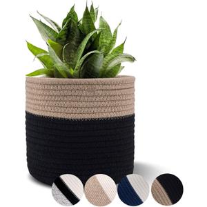 Woven Cotton Rope Plant Basket for 6" Flower Pot Floor Indoor Planters Flower Pot,Home Decor Storage Organizer H6 3/4" x W6 1/2" Black&Brown
