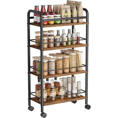 Asgolion Slim Storage Cart, 4-Tier Small Rolling Cart with Wheels, 9.1" Deep, Narrow Bathroom Shelf Trolley for Kitchen, Bathroom, Laundry Room, Rustic Brown Large 4-Tier (9.1" W x 33.6" H)