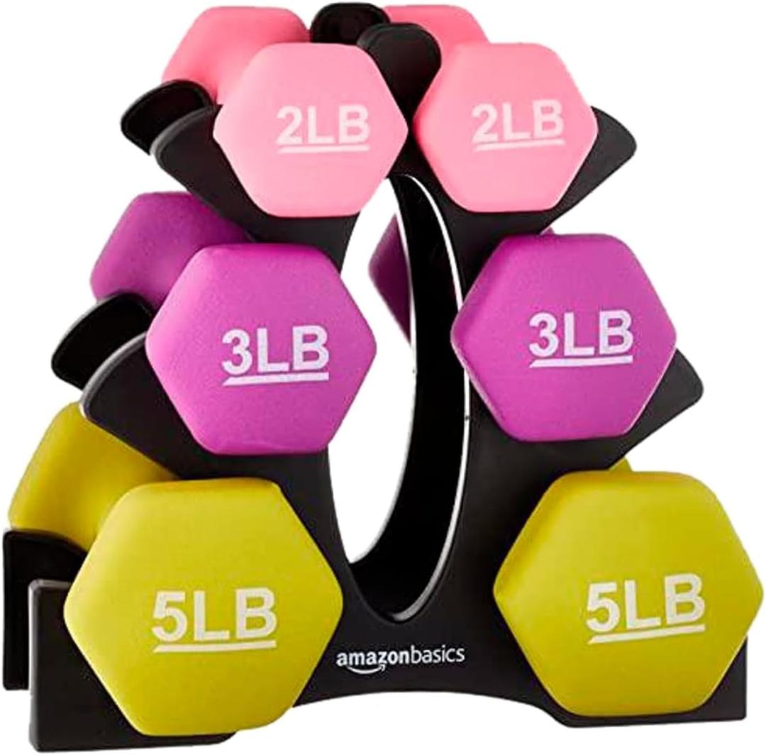 Amazon Basics Neoprene Dumbbell Hand Weights for Exercise and Muscle Toning, Rack with 3 Pairs (2, 3, and 5 Pound)